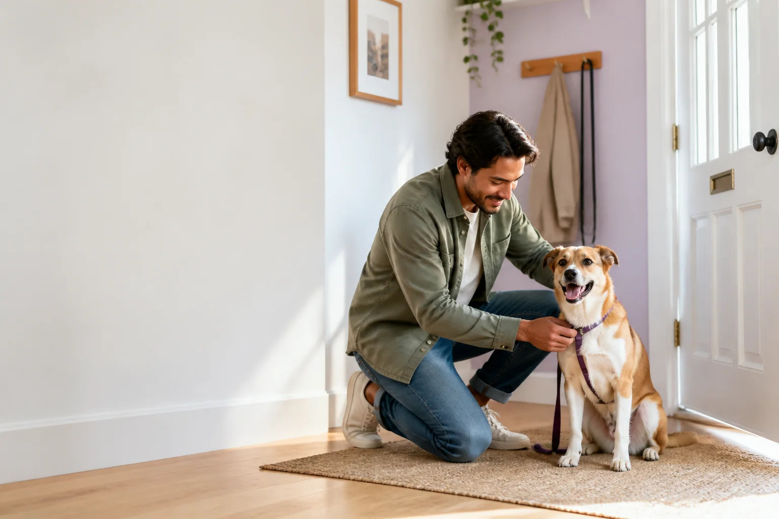 Tutor preparando um cachorro feliz para o passeio